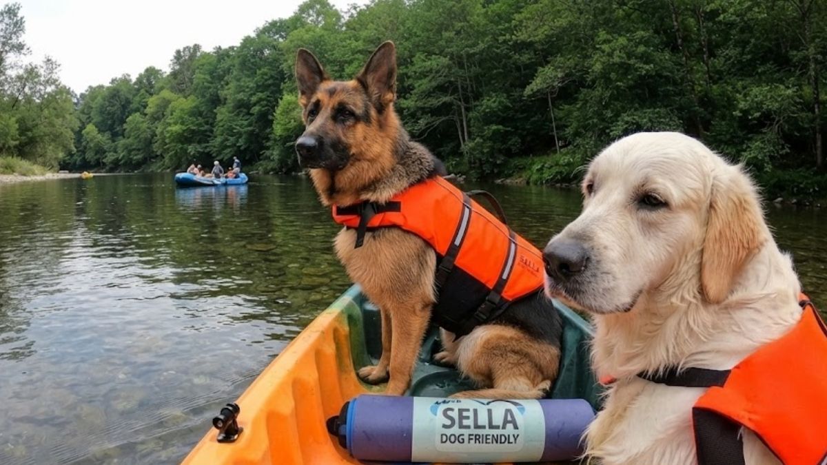¿Planificando el Sella 2026? Lo que nadie te cuenta sobre bajar el río en canoa (con o sin mascota) Dos perros (un Golden Retriever y un Pastor Alemán), ambos equipados con chalecos salvavidas naranjas, sentados en la proa de un kayak naranja y verde en el río Sella. El agua es clara y se ve la orilla arbolada al fondo.